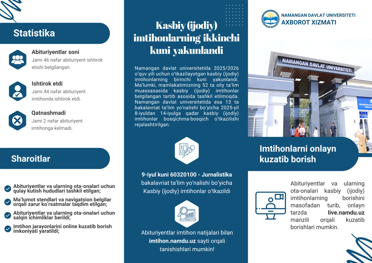 Namangan davlat universitetida 2025/2026 o‘quv yili qabuli uchun kasbiy (ijodiy) imtihonlarning ikkinchi kuni yakunlandi.