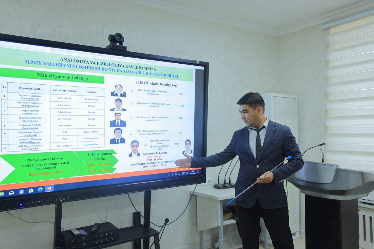 Namangan davlat universiteti rektori tomonidan Tibbiyot fakulteti kafedralarining 2025-yil davomida amalga oshirgan faoliyati hamda 2026-yil uchun belgilangan maqsadli ko‘rsatkichlari yuzasidan uchrashuv o‘tkazildi. 4