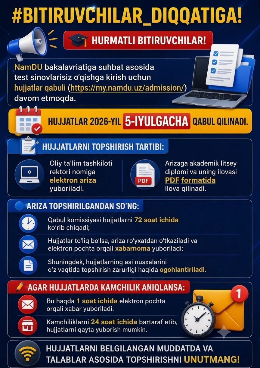Toshkent davlat yuridik universiteti akademik litseylari bitiruvchilaridan Namangan davlat universitetining Yurisprudensiya ta’lim yo‘nalishiga suhbat asosida o‘qishga qabul qilish bo‘yicha arizalar qabuli davom etmoqda.