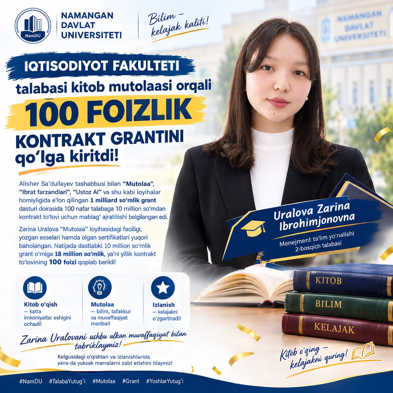 Iqtisodiyot fakulteti talabasi kitob mutolaasi orqali 100 foizlik kontrakt grantini qölga kiritdi!